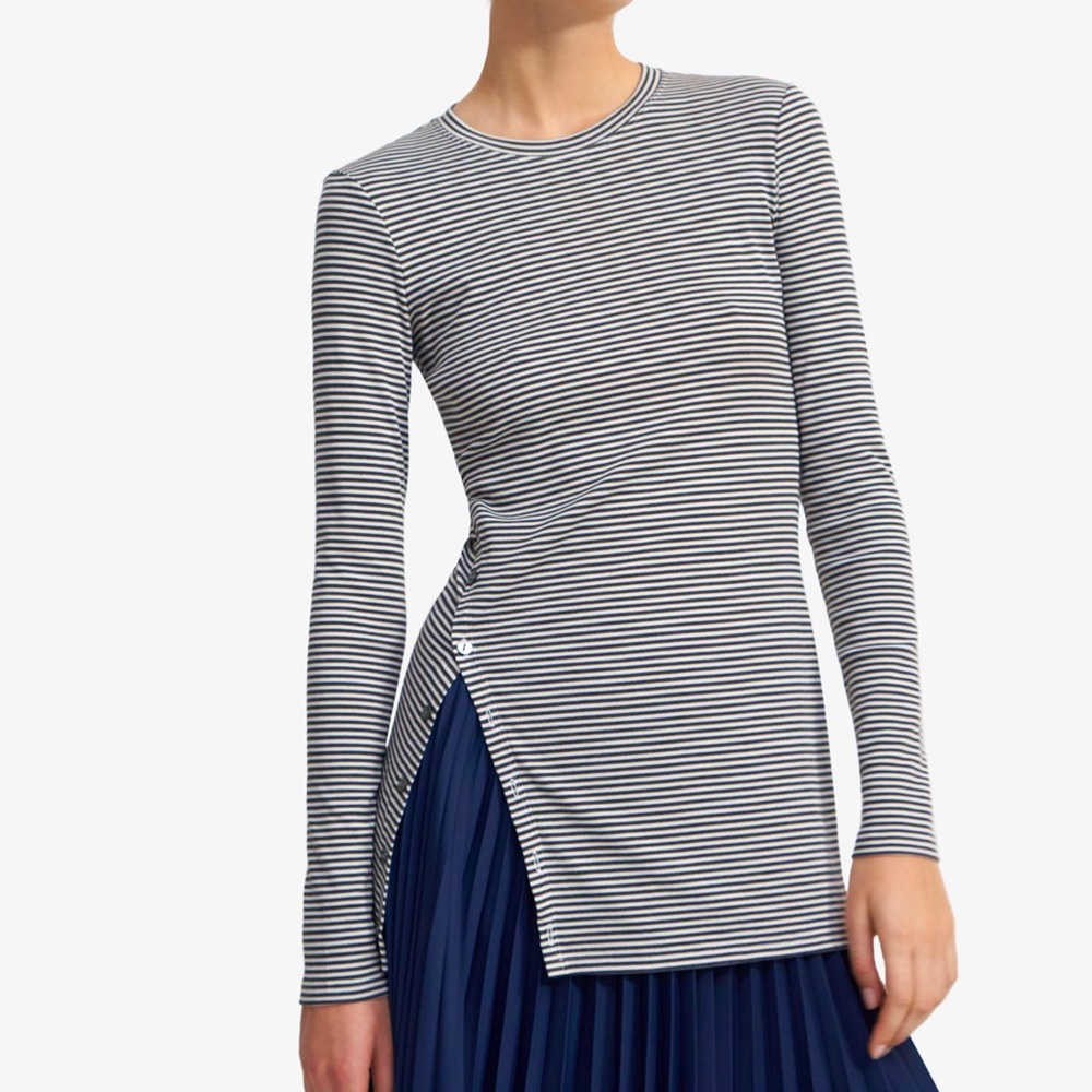 Theory Button-Hem Long-Sleeve Tee in Striped Stretch Knit, NWOT, size XL